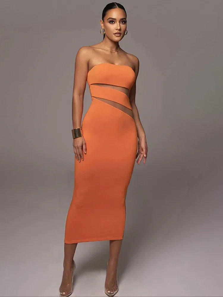 Sexy Mesh Patchwork Bodycon Dress Women Off Shoulder Strapless Backless Dresses 2023 Summer Female Elegant Party Vestidos