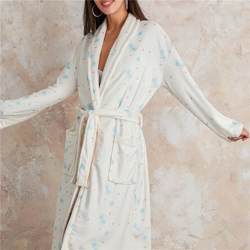 Women Y2k Fruit Robe Fleece Shawl Collar Bathrobe with Belt Cozy Spa Long Robe Open front Nightgown Loungewear