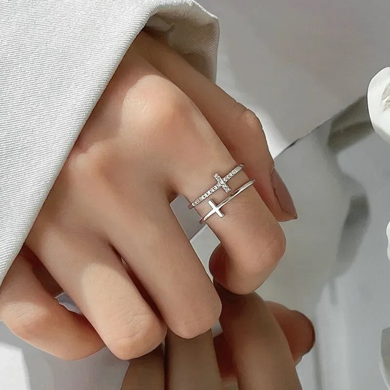 925 Sterling Silver Double Cross Zircon Ring