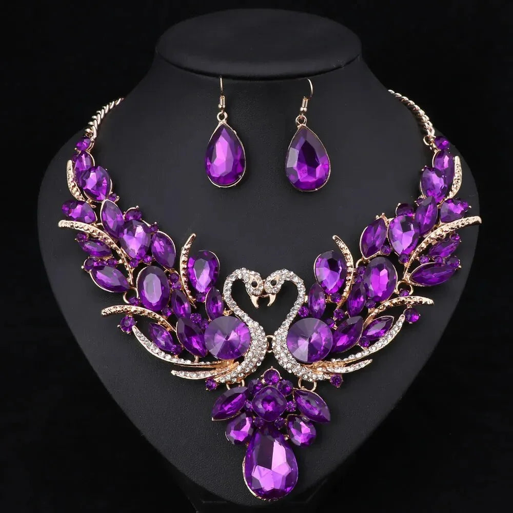 Crystal Bridal Jewelry Sets Gold Color Swan Pendant Necklace Women Gift Party Wedding Prom Necklace Earring Accessories