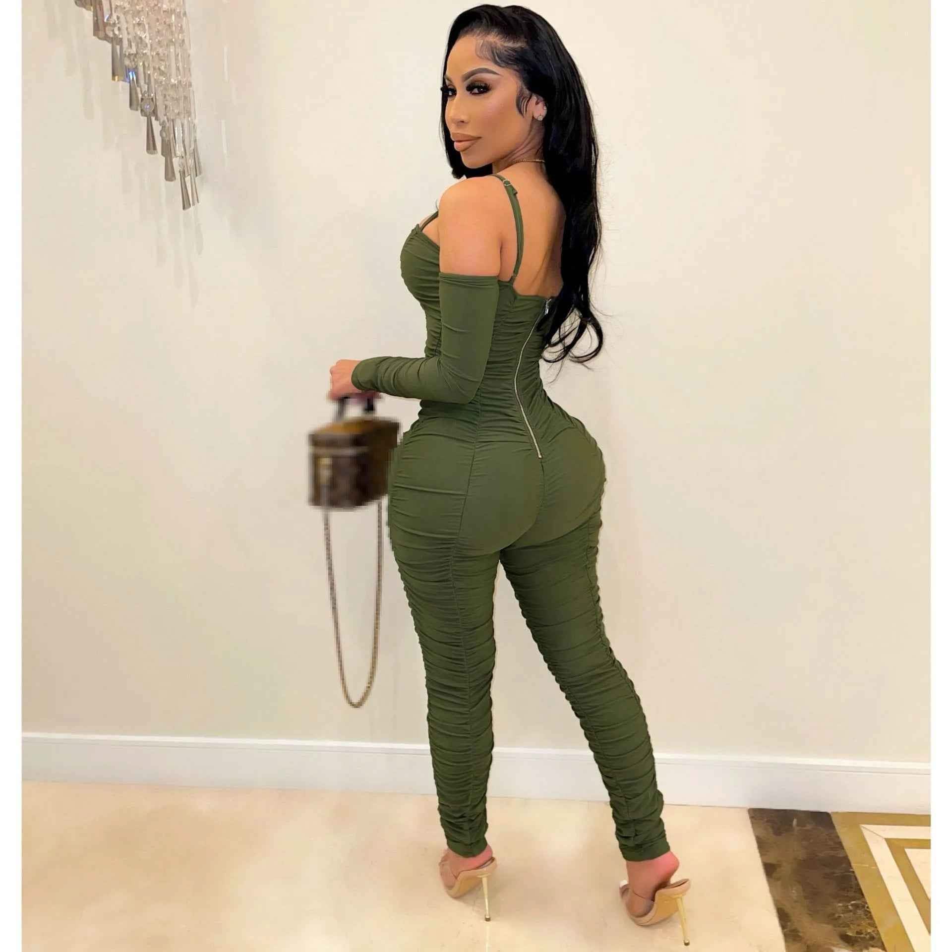 Ruched Long Sleeve : Form Fitted Jumpsuit