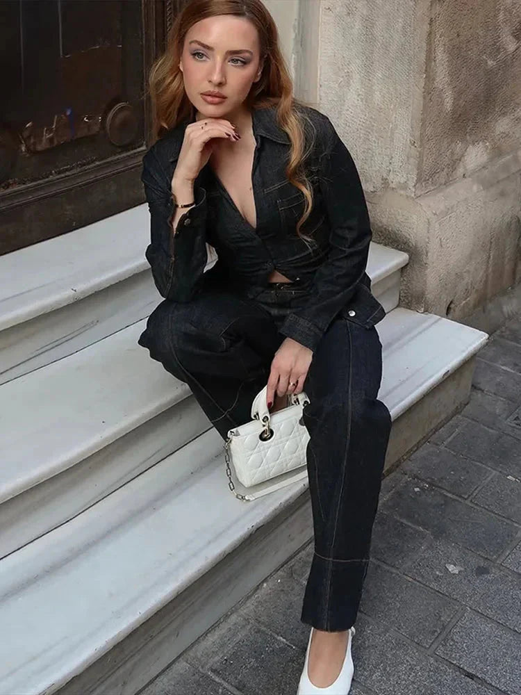 Street Vintage Denim Pants Sets Women Slim Long Sleeve Lapel Single Breasted Jacket Straight Trousers 2025 Spring Lady Outfits