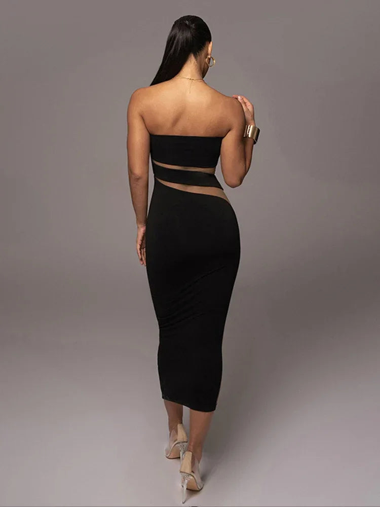 Sexy Mesh Patchwork Bodycon Dress Women Off Shoulder Strapless Backless Dresses 2023 Summer Female Elegant Party Vestidos
