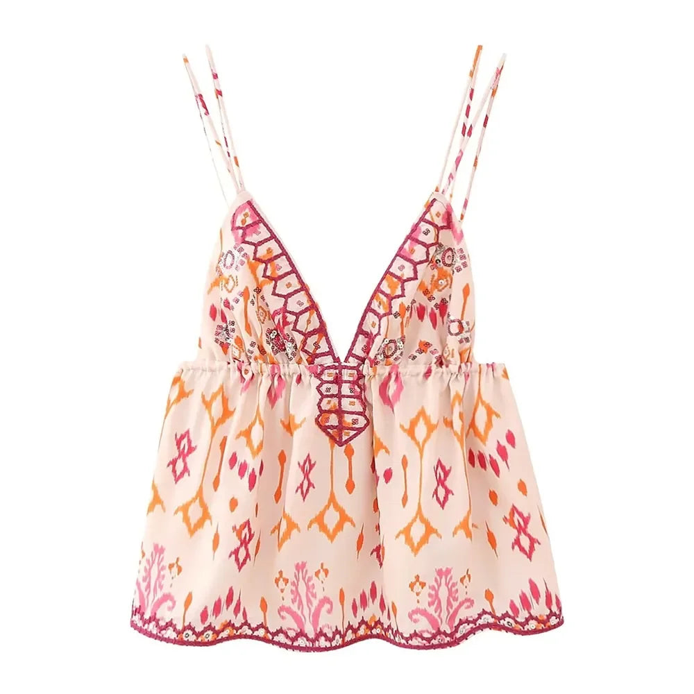 Women's Embroidery Beaded Print Short Top
