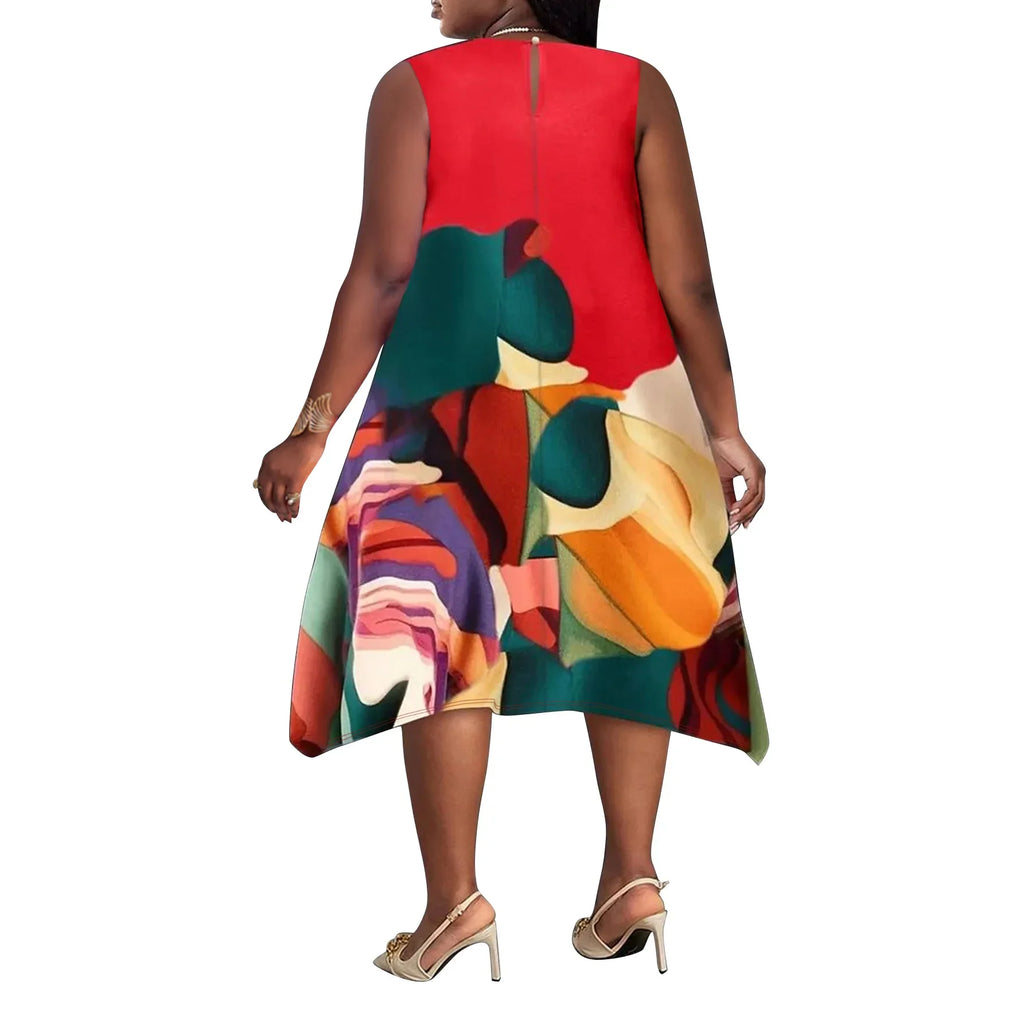 Summer Autumn Sleeveless Street Style Casual Plus Size Midi Dress