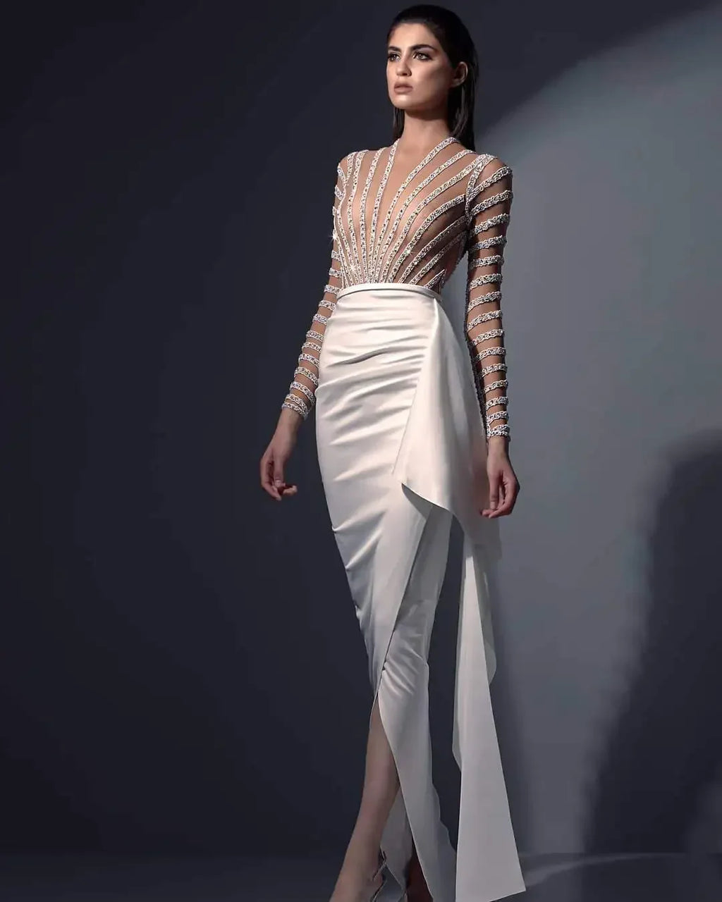 Elegant Mermaid Long Sleeve Floor-Length Chiffon Party Prom Dress