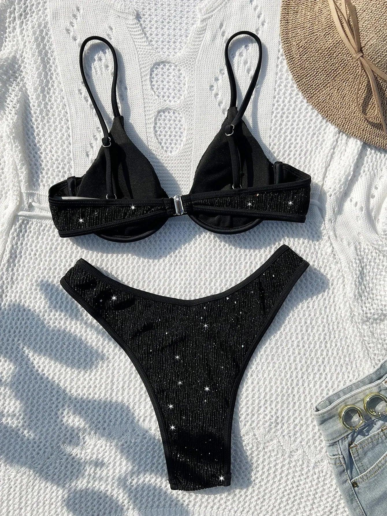 Swimsuit Women 2023 Black Shiny Bikini Sexy High Waist 2 Piece Swimwear Steel Support Female V-neck Beach Bathing Suit YX1378X