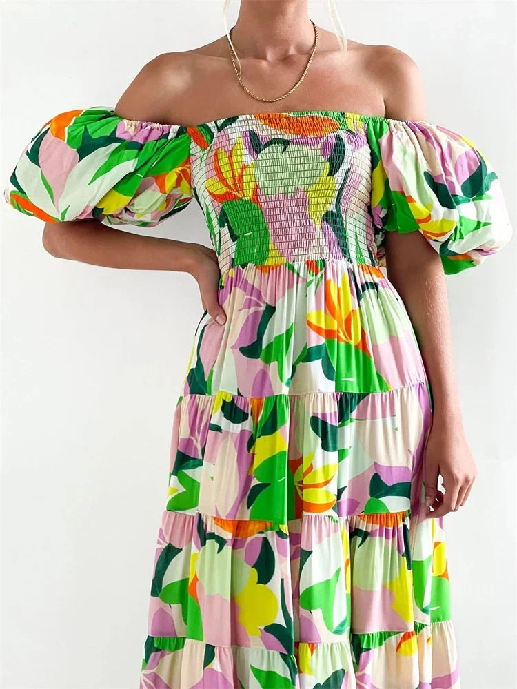 New style bubble sleeve holiday slim long skirt spice girl high waist one shoulder print dress