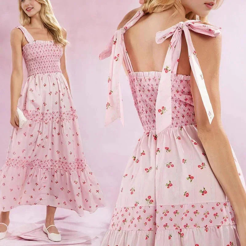 Sweet Elegant Sleeveless Long Dress Floral Print Bow Suspender Beach Dress New Summer Off Shoulder Pleated Party Dress Vestidos