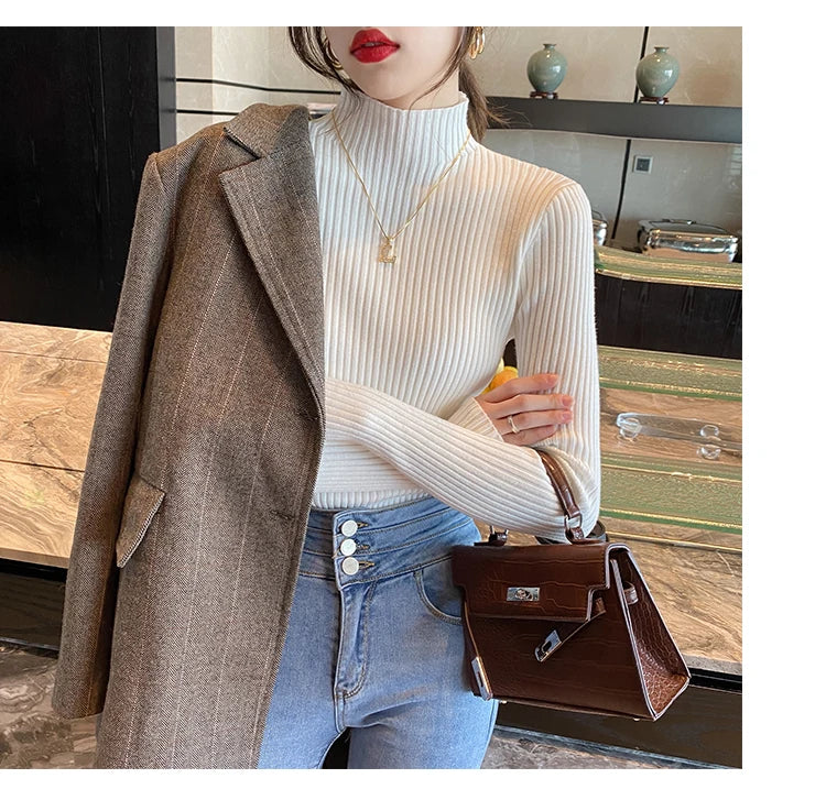 Pullover Long Sleeve Mock Neck Knitted Women Sweater