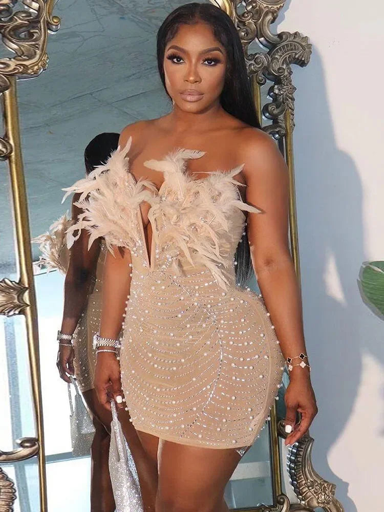 Off The Shoulder Mesh Rhinestone Beaded Feather Prom Corset Dress See Through Night Club Evening Wedding Party Sexy Mini Dresses