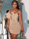 Off The Shoulder Mesh Rhinestone Beaded Feather Prom Corset Dress See Through Night Club Evening Wedding Party Sexy Mini Dresses