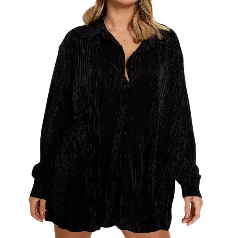 Essentials Long Sleeve Button Down Shirt Tops and Shorts Set
