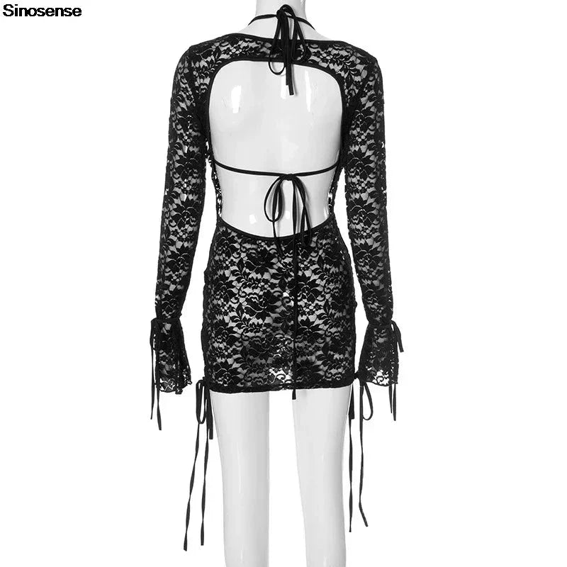 Women Elegant Cocktail Evening Party Mini Dress Sexy See Through Floral Lace Bodycon Dress Y2K Street Date Night Out Club Dress
