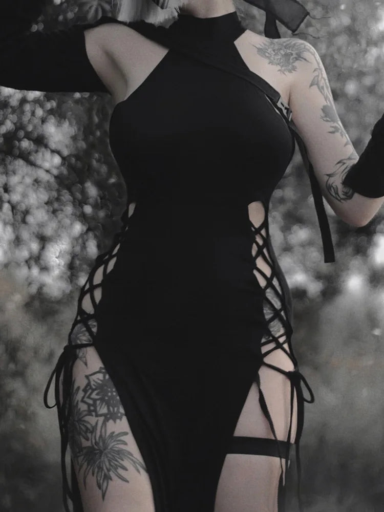 Halter High Split Black Dress