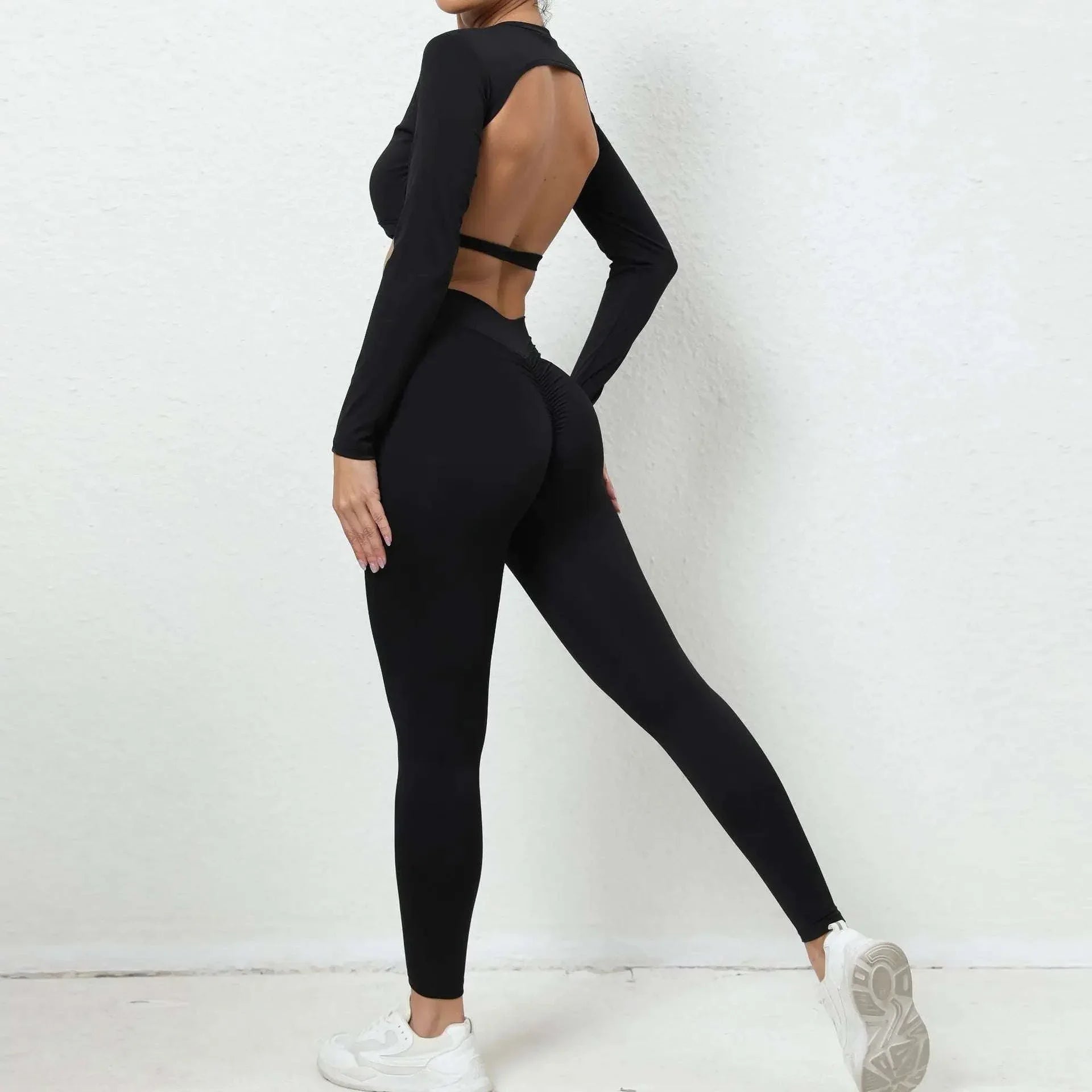 Seamless Backless Yoga Sets Sports Fitness High Waist Hip-lifting Trousers Long-Sleeved Suit Workout Gym Leggings Set for Women