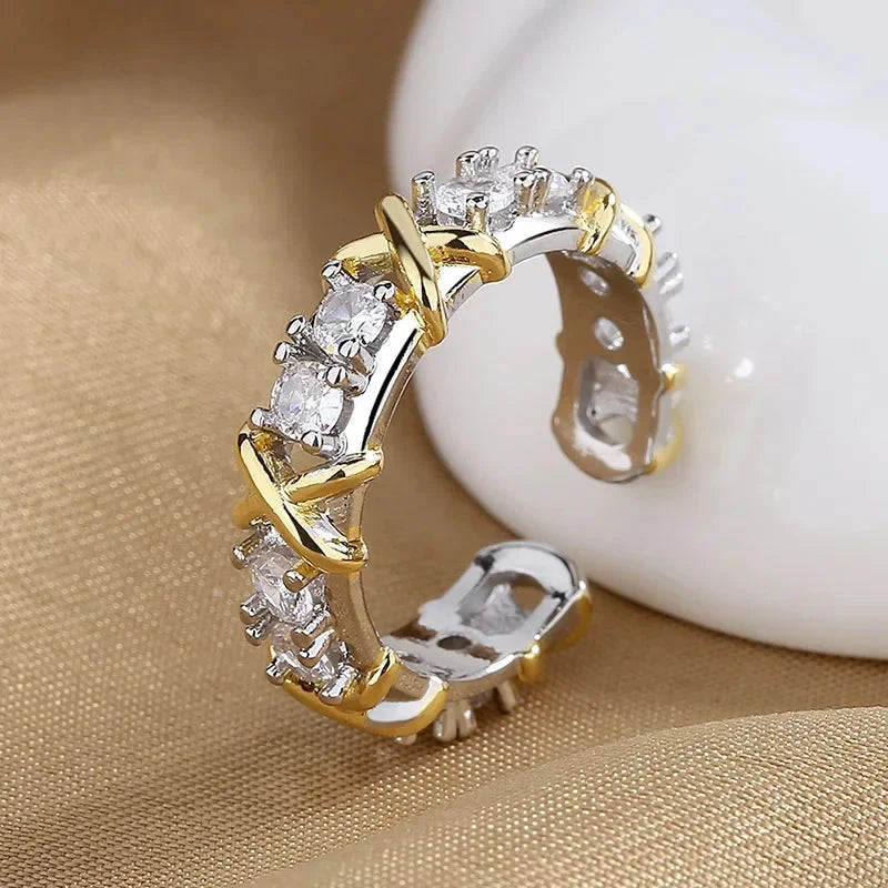Fashion Letter X Cross Open Ring for Women Girls Clear Geometric Zircon Engagement Rings Wedding Party Jewelry