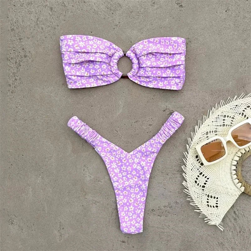Para Praia Print Bandeau Swimsuit 2023 Sexy Thong Swimwear Women Brazilian Bikini Set Strapless Biquini Beachwear Bathing Suit