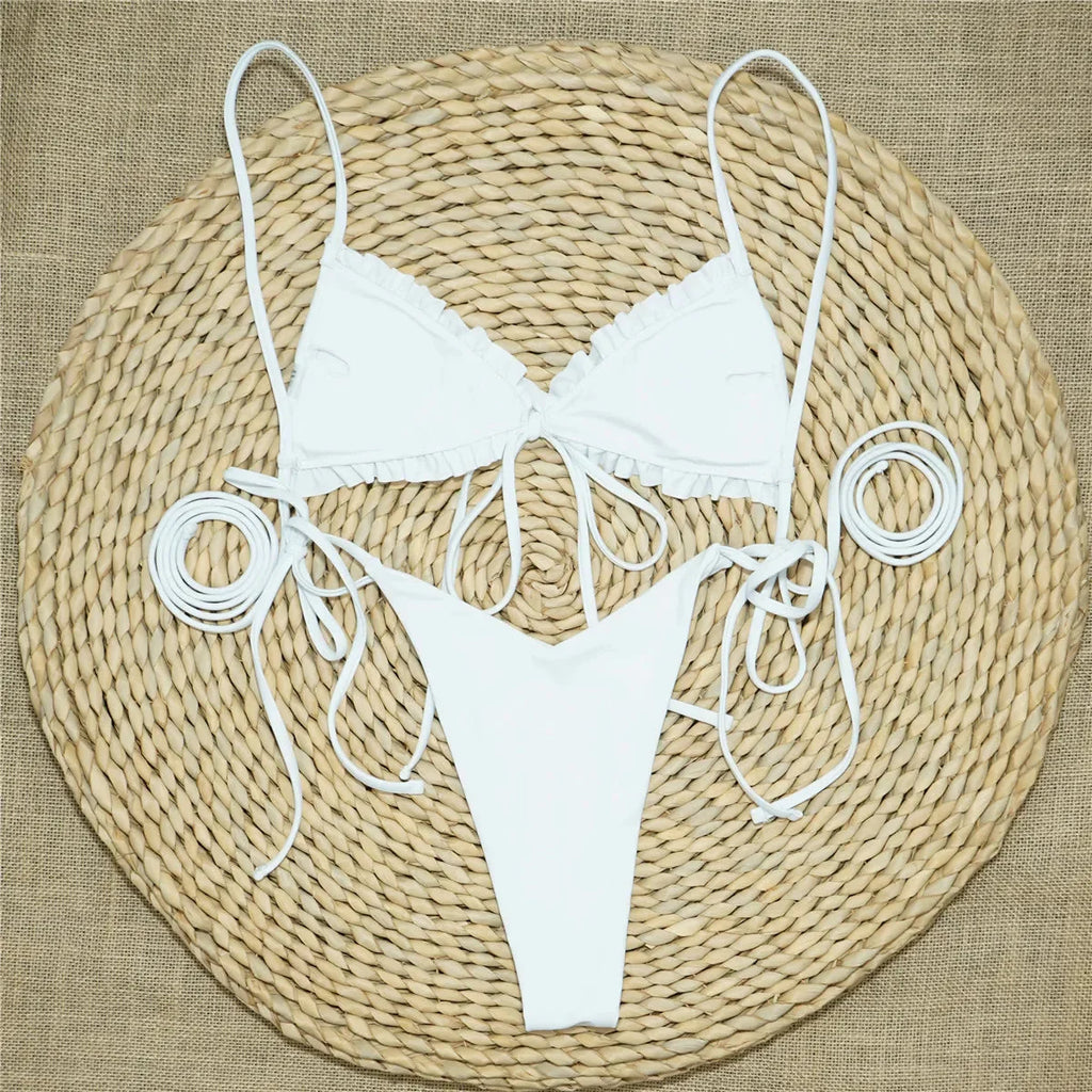 Bikinis 2025 Woman 3 Colors Sexy Ruffled Frilled Bikini Women Swimwear Female Swimsuit Two-piece Bikini set Lace Up Bathing Suit