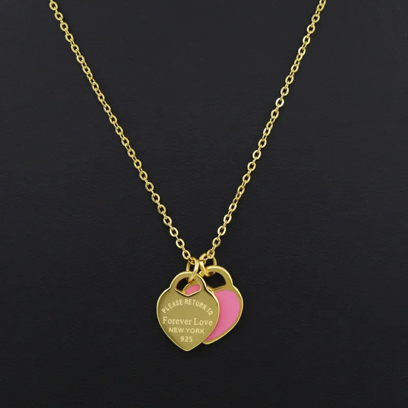 Double Heart SS Pendant Necklace