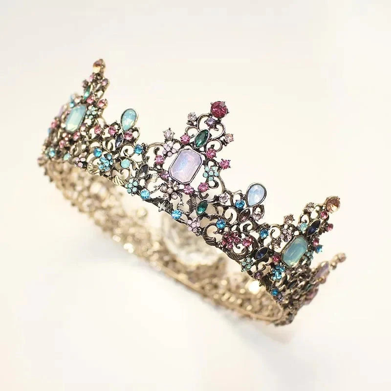 Round Colorful Crystal Rhinestone Wedding Queen Crown Headwear Retro Bridal Crown Color Headwear Crown Party Dress Hair Accessor