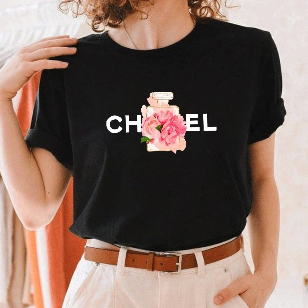 Women Summer T-Shirt Alphabet Flowers Perfume Print Cotton Tees Luxury Short Sleeve Tee Solid Color Street Y2K Top Female Cloth