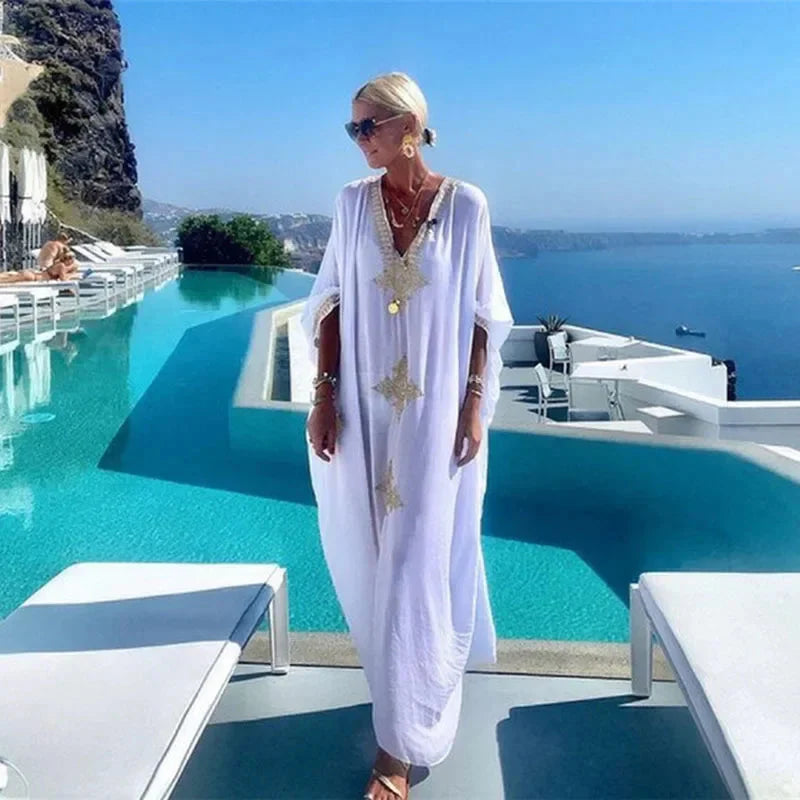 2024 Bikini Cover-ups White Retro Pull Over Women Summer Clothing Kimono Dress Beach Wear Swim Suit Cover Up Beach Dress Sarong