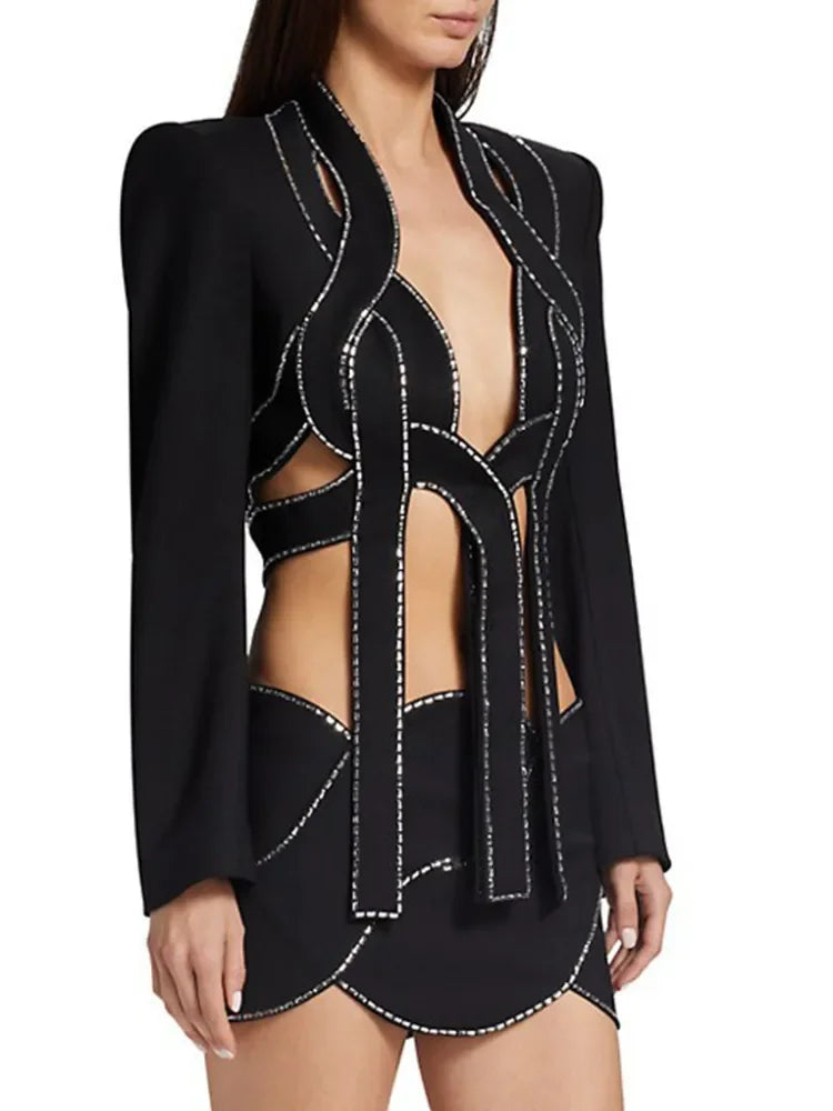 Luxury Diamond Long Sleeve Outfit Party Set