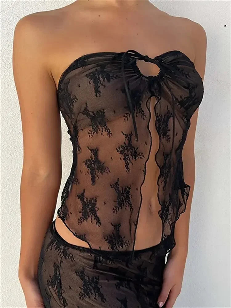 Lace Strapless Tube Top & Low Waist Long Skirt