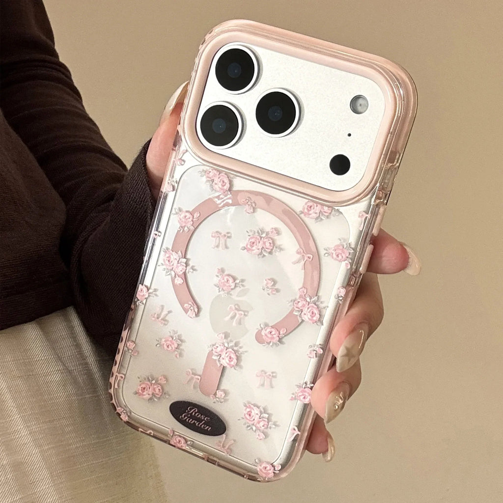 Korean Full Screen Pink Rose Flowers Magnetic Phone Case For iPhone