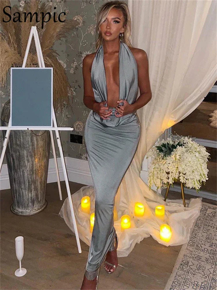 Sampic New Fashion Summer Women Clothes 2022 Red Long Wrap Halter Satin Dress Sexy Deep V Neck Party Night Club Backless Dress