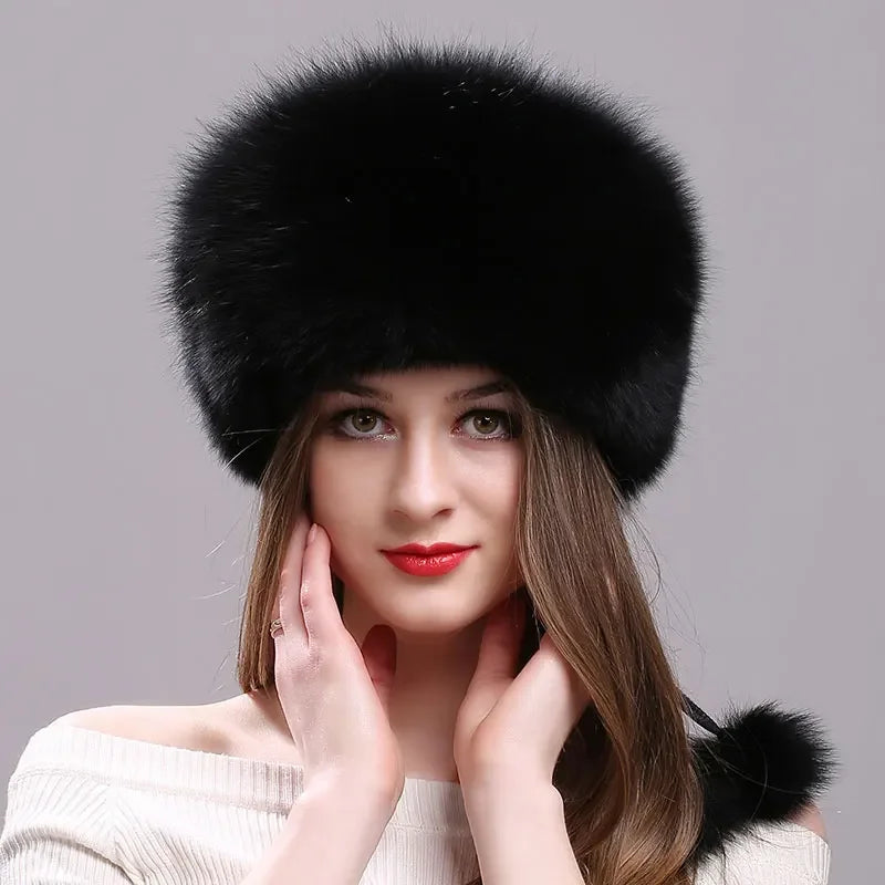 Real Fox Fur Hat for Women with Leather Top Mongolian Princess Hat with Pompom Winter Warm beanie Russian Cap Bonnets for Women