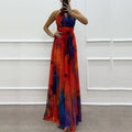 New Sexy Halter Hollow Out Women's Long Dress Casual High Waist Bohemian Dresses Vintage Pattern Printed Sleeveless Party Dress