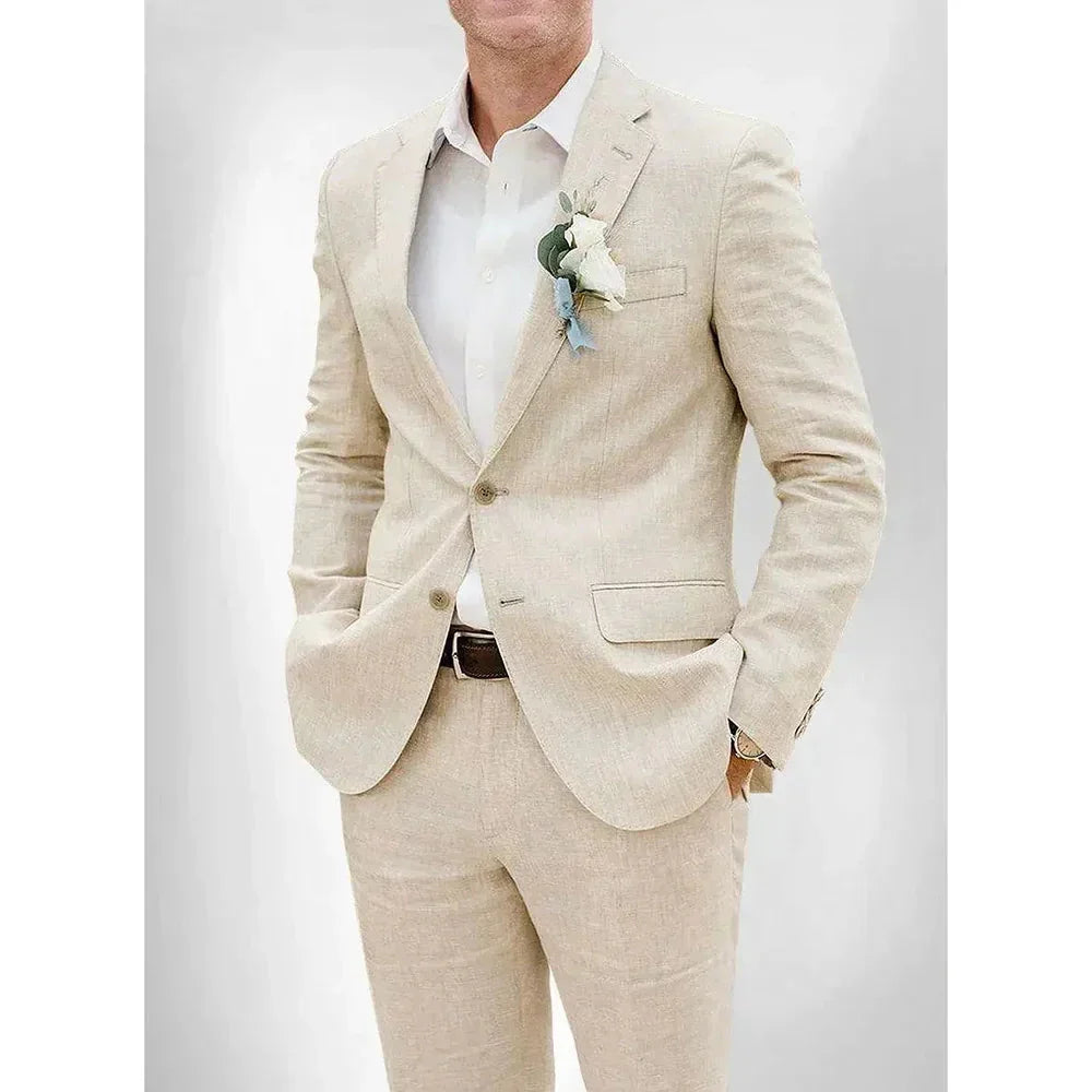 Hot Sell High-end Summer Beige Linen Wedding Suits for Men 2 Pieces Notch Lapel Fashion Groom Slim Casual Beach Set