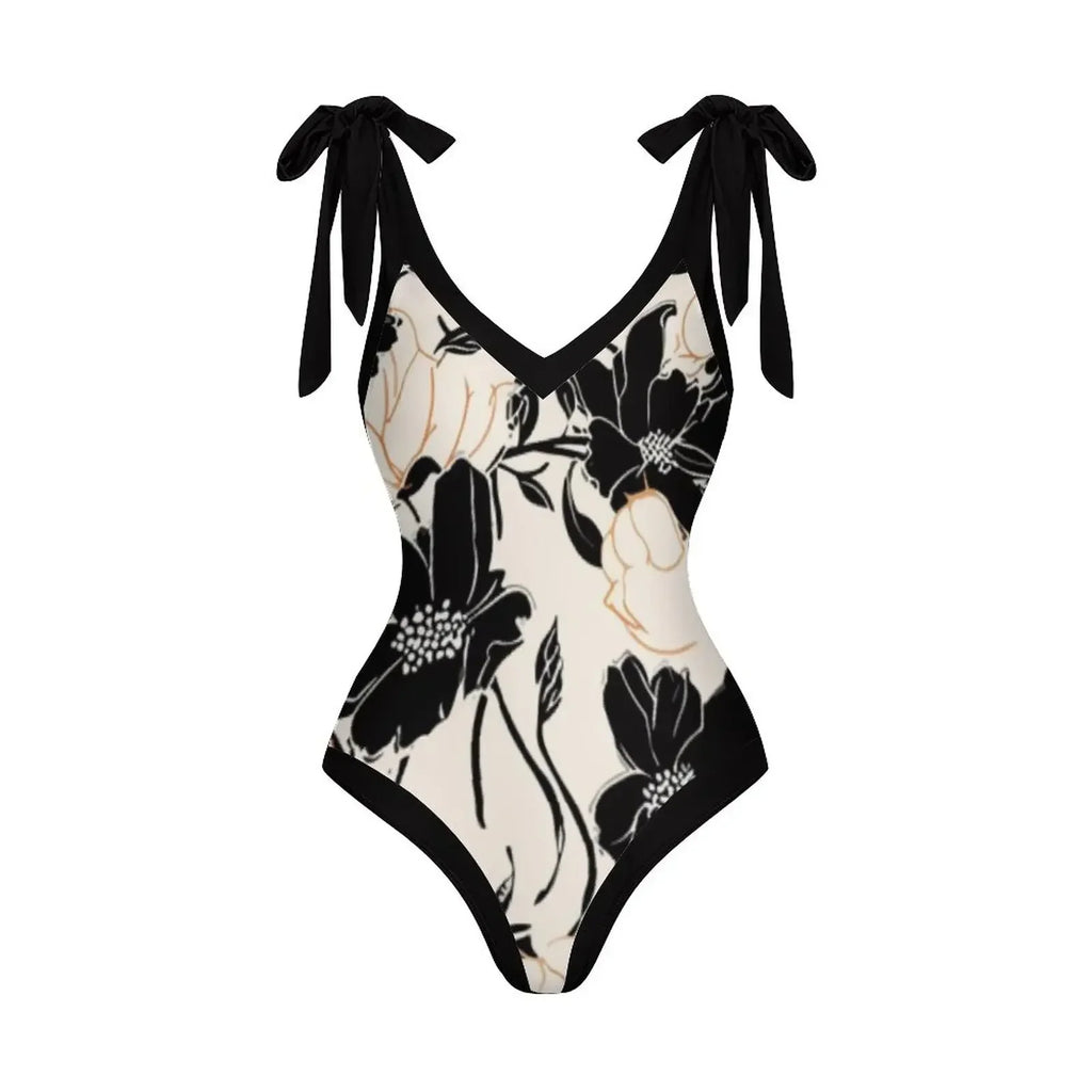 Black & White Flower Print Deep V-Neck Bikini Bow Strap Halter Sexy Swimsuit Plus Size Women 2023 Push-Ups Fashion Summer