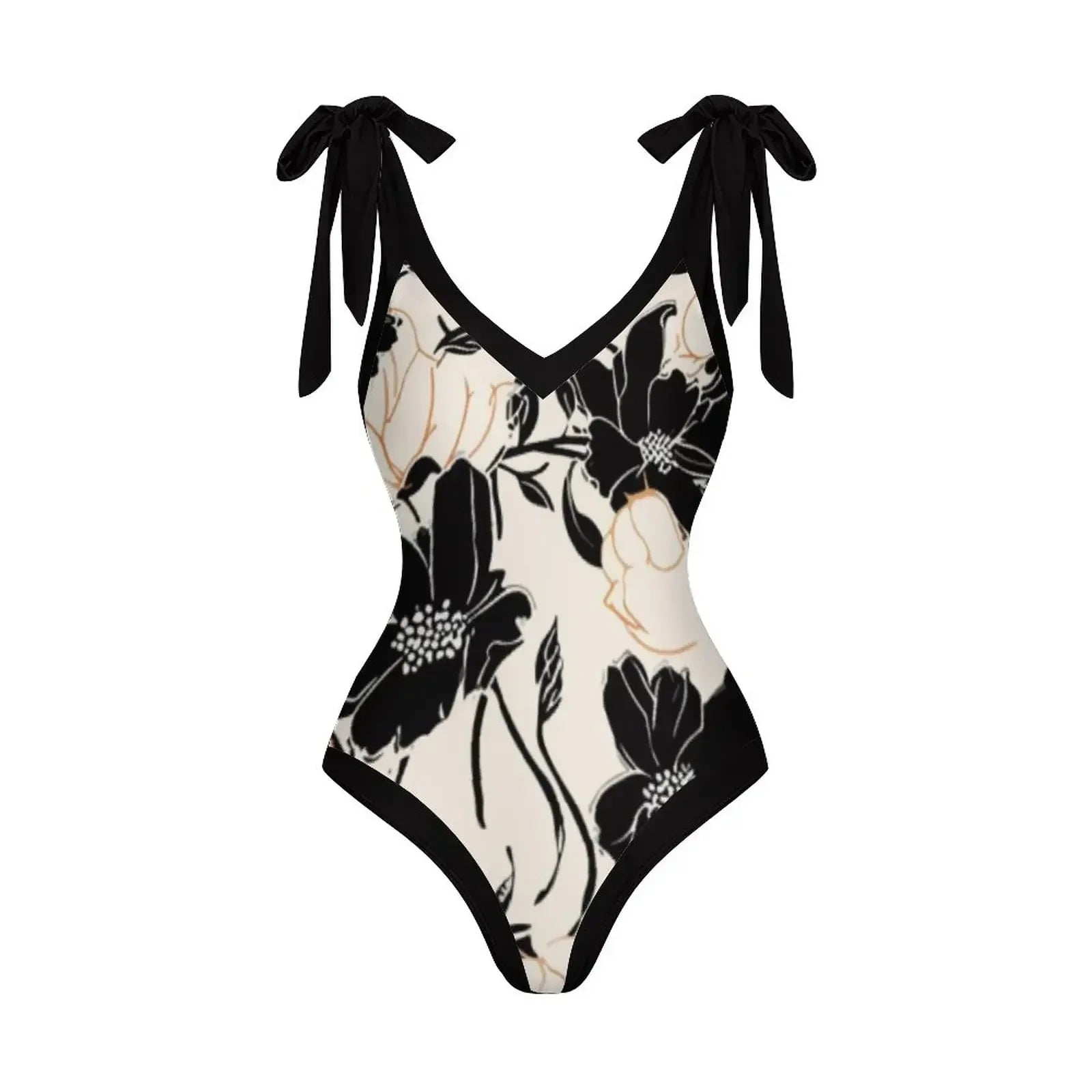 Black & White Flower Print Deep V-Neck Bikini Bow Strap Halter Sexy Swimsuit Plus Size Women 2023 Push-Ups Fashion Summer