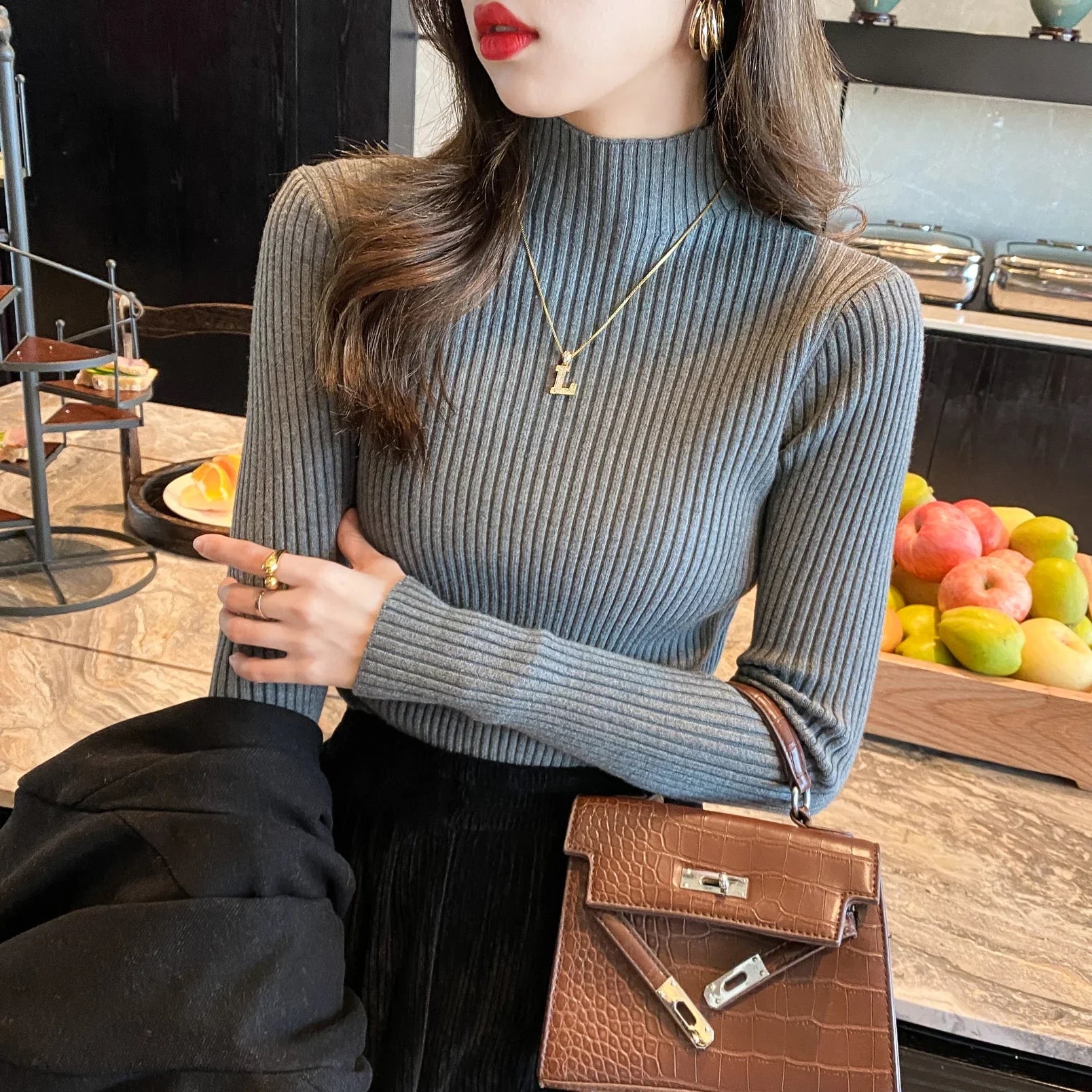 Pullover Long Sleeve Mock Neck Knitted Women Sweater