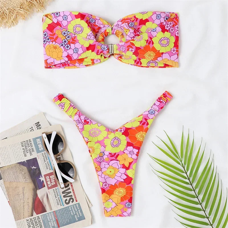 Para Praia Print Bandeau Swimsuit 2023 Sexy Thong Swimwear Women Brazilian Bikini Set Strapless Biquini Beachwear Bathing Suit