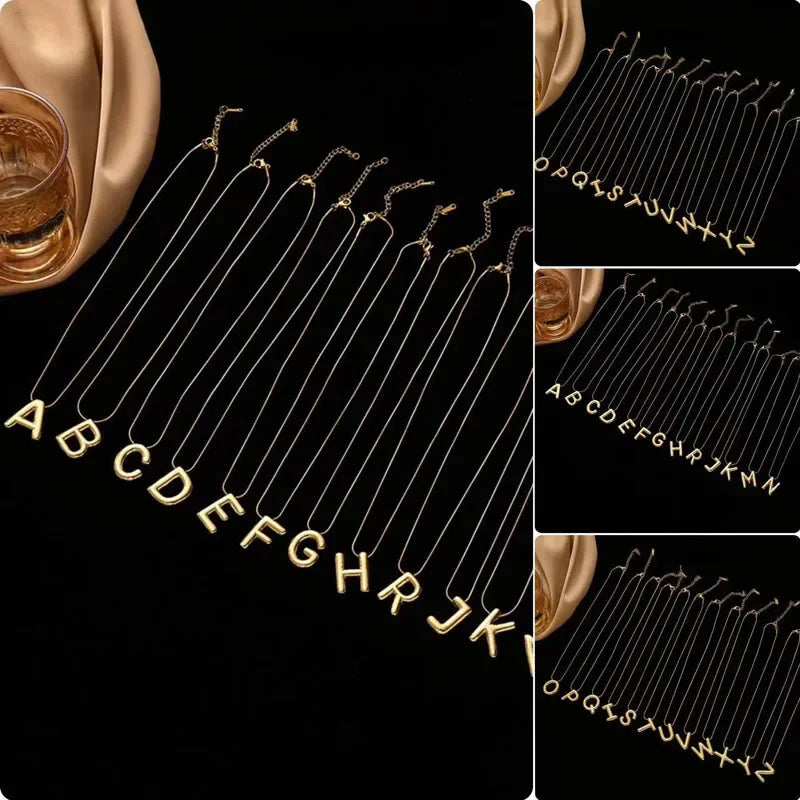 Stainless Steel Chain Gold Plated Letter Necklaces Chunky Alphabet Balloon Bubble Initial Pendant Necklace for Women Men Jewelry