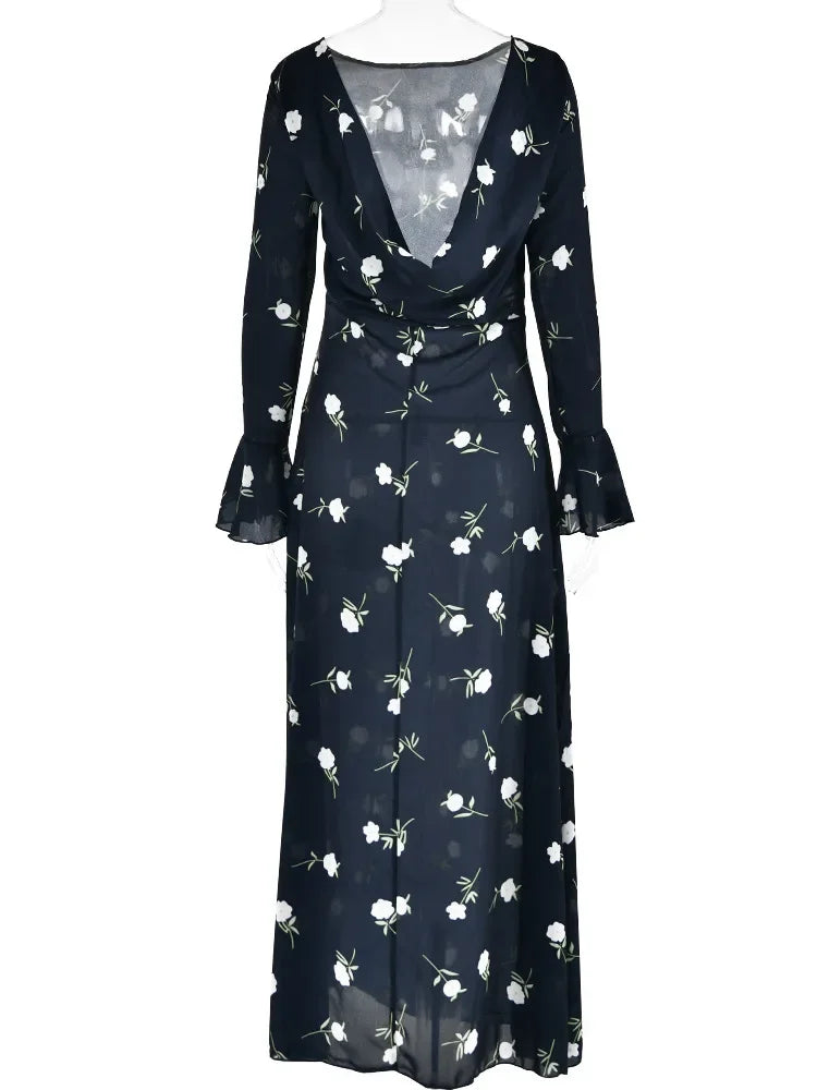 Chiffon Floral Print Long Sleeve Backless Maxi Dress