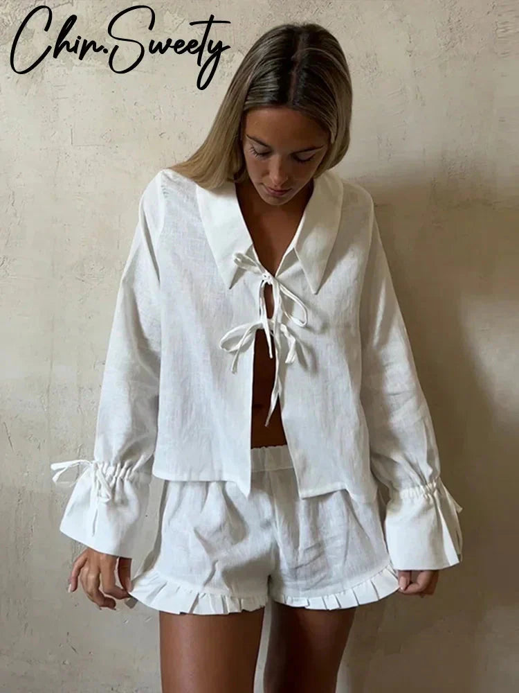 White Bow Lace Up Hollow Out Shirt Shorts Sets Women Loose Long Sleeve Ruffle Short Pant Suit Female 2024 Summer Lady Beach Set