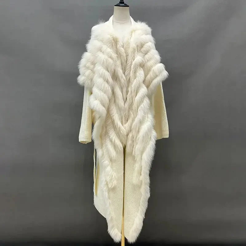 Lady Fashion Sweater Autumn Winter Long Coat 2023 Women's Knitted Cardigan Fox Fur Trim Belt