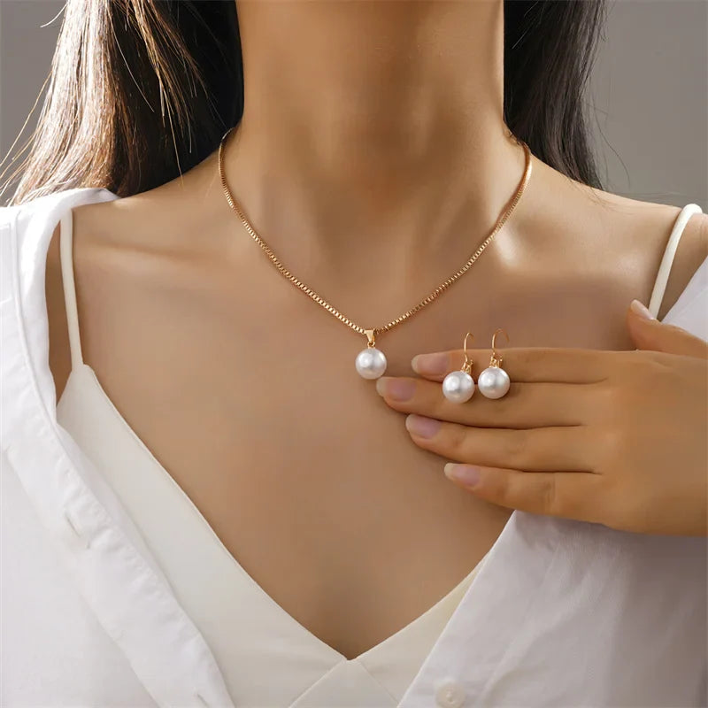 Round Pearl Jewelry Set Of Earring Pendant Necklace