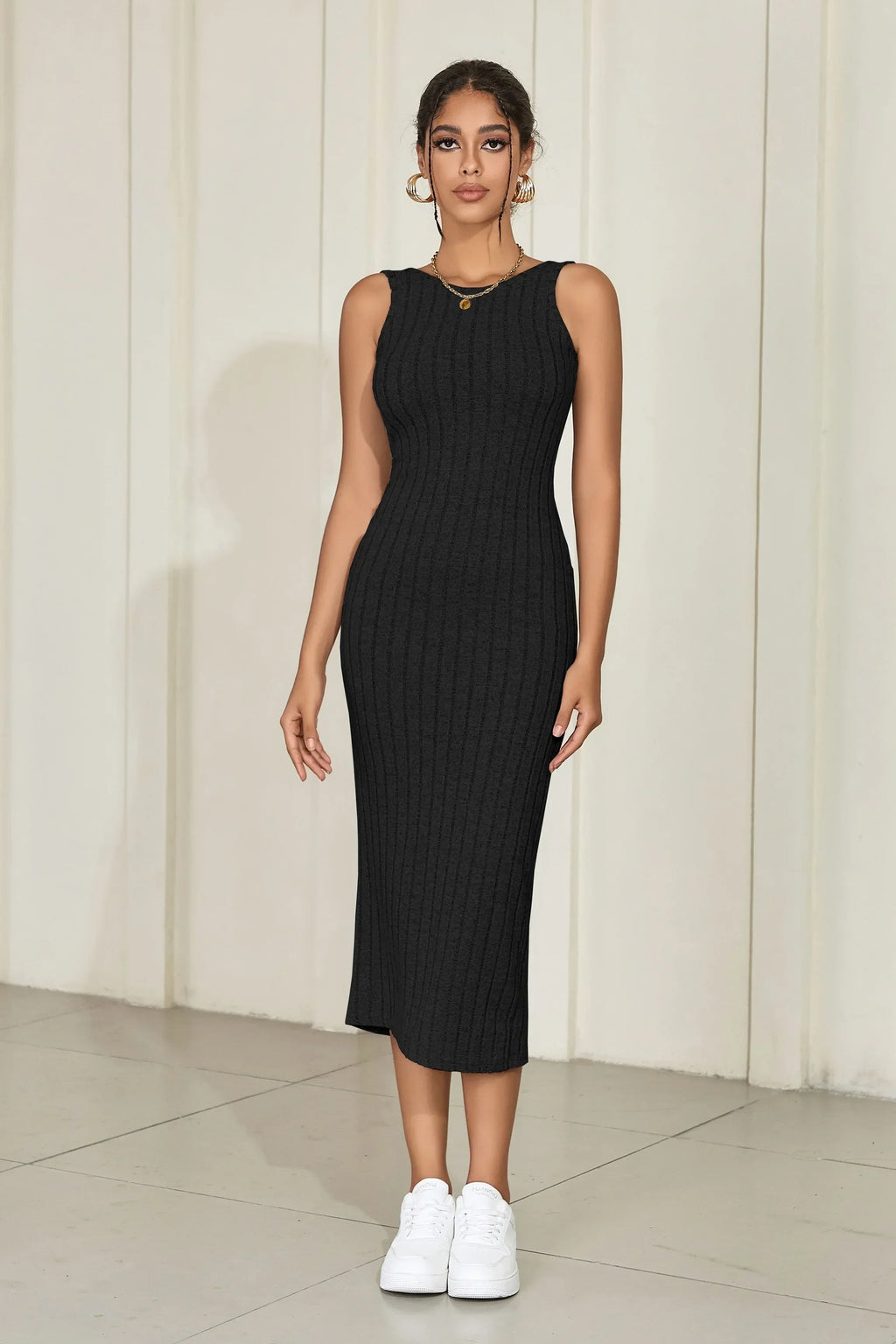 Women's Sleeveless Ribbed Knit Tank Dress Backless Bodycon Maxi Dresses