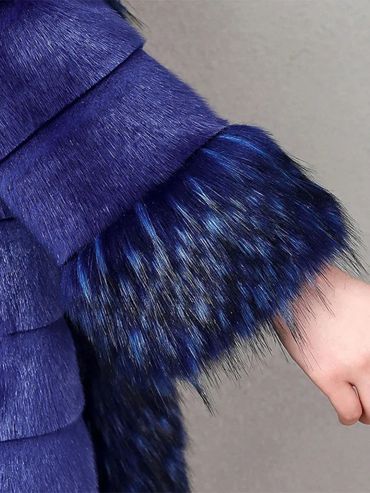 Nerazzurri Winter Long Striped Warm Sapphire Blue Luxury Fluffy Faux Mink Fur Coat with Fox Fur Trim European Overcoat Fashion
