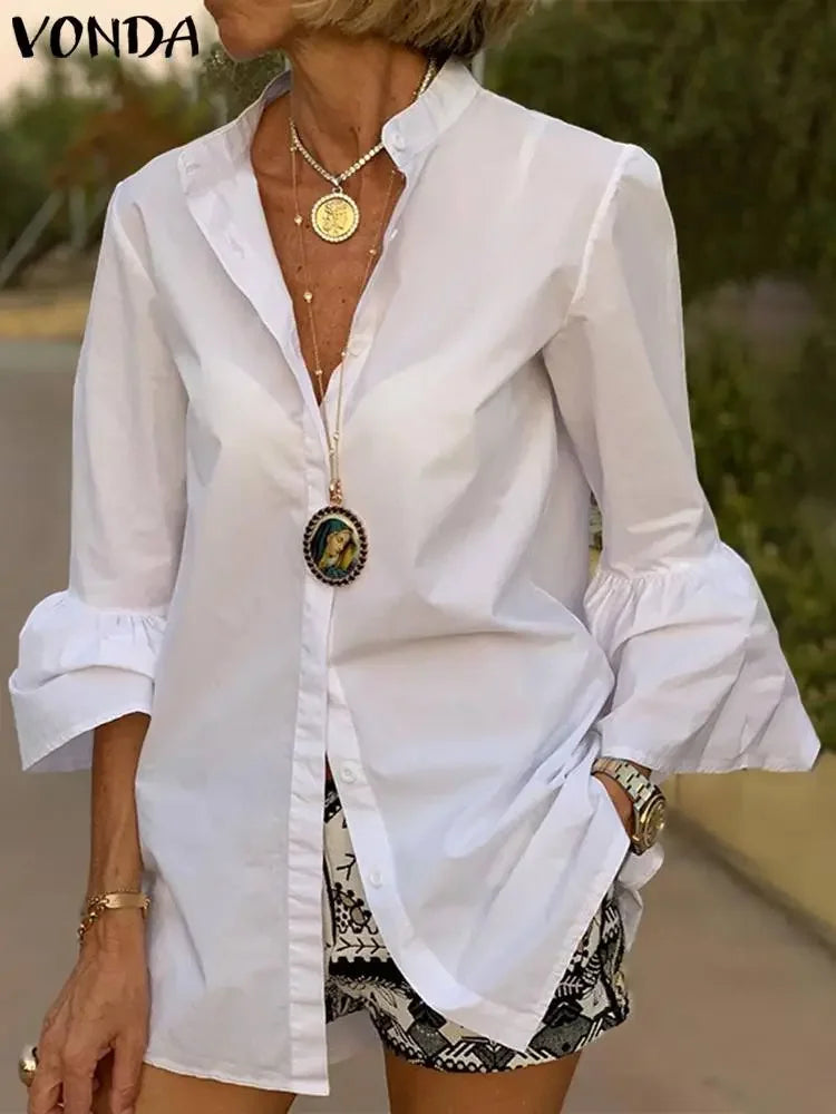 Classic Flare Sleeve Button Up Blouse