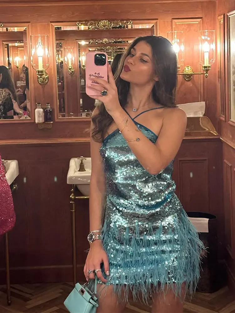 Women's Lux Green Sequin Halter Mini Dress