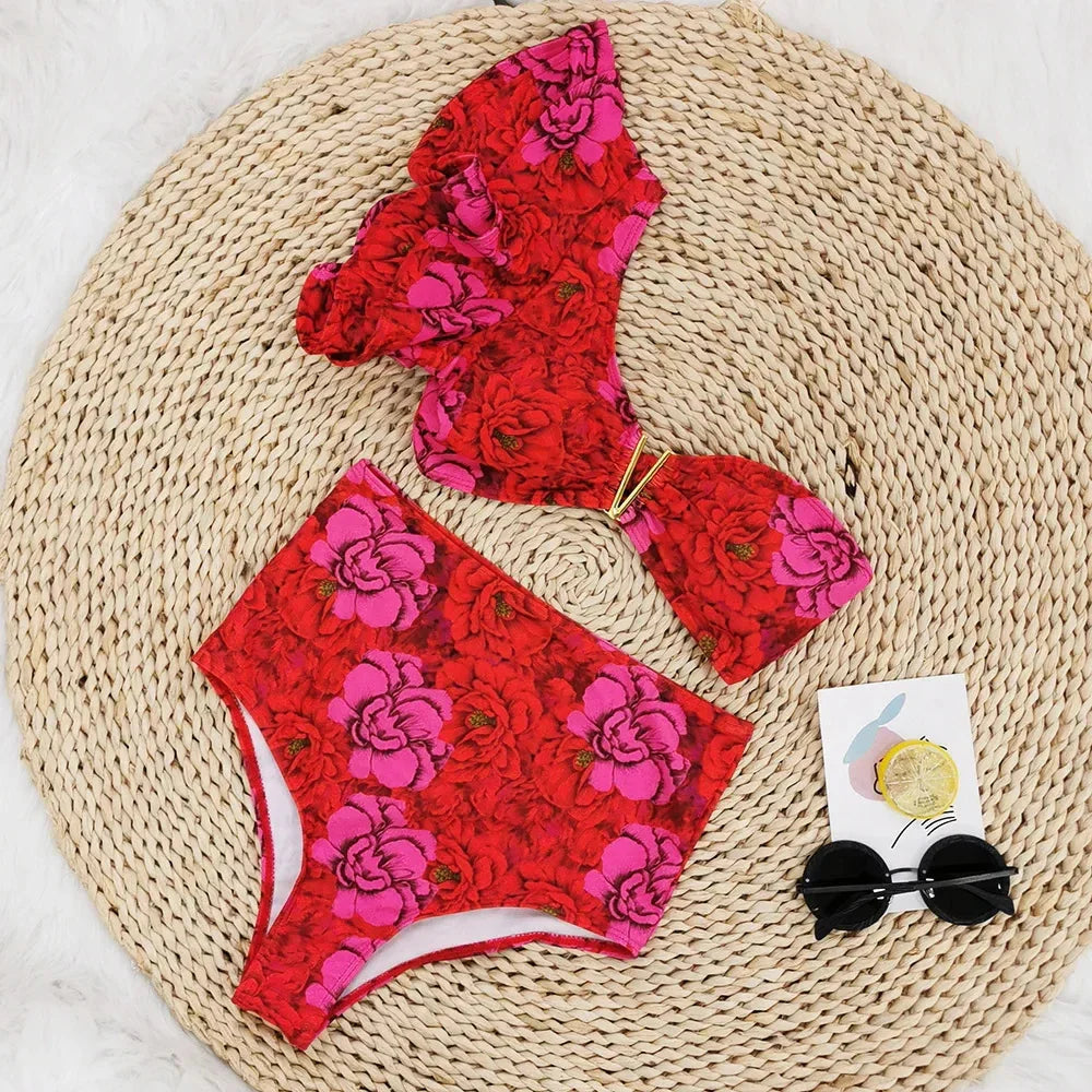 2024 Sexy Bikini Set Women High Waist Classic Off Solid Ruffle Sleeves Swimwear Red Separate Deep V Swimsuit Vintage Beach Set