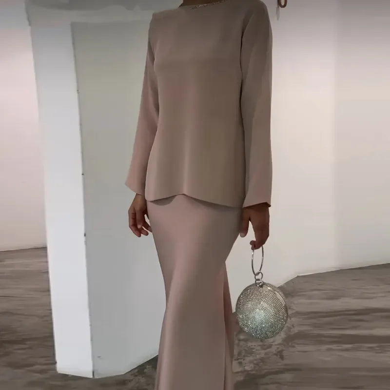 Satin Elegant Blouse & Slim Long Skirt Suit