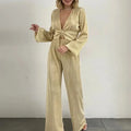 Luxury Bright Material Autumn Deep V Puff Sleeve Tops+Groups of Full Pants Sets Fashion Women Solid Loose Outfits Two Piece